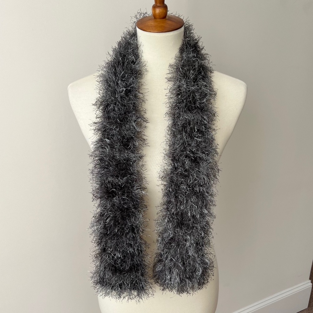 Handmade Gray and White Fluffy, Frill Scarf 49" Long